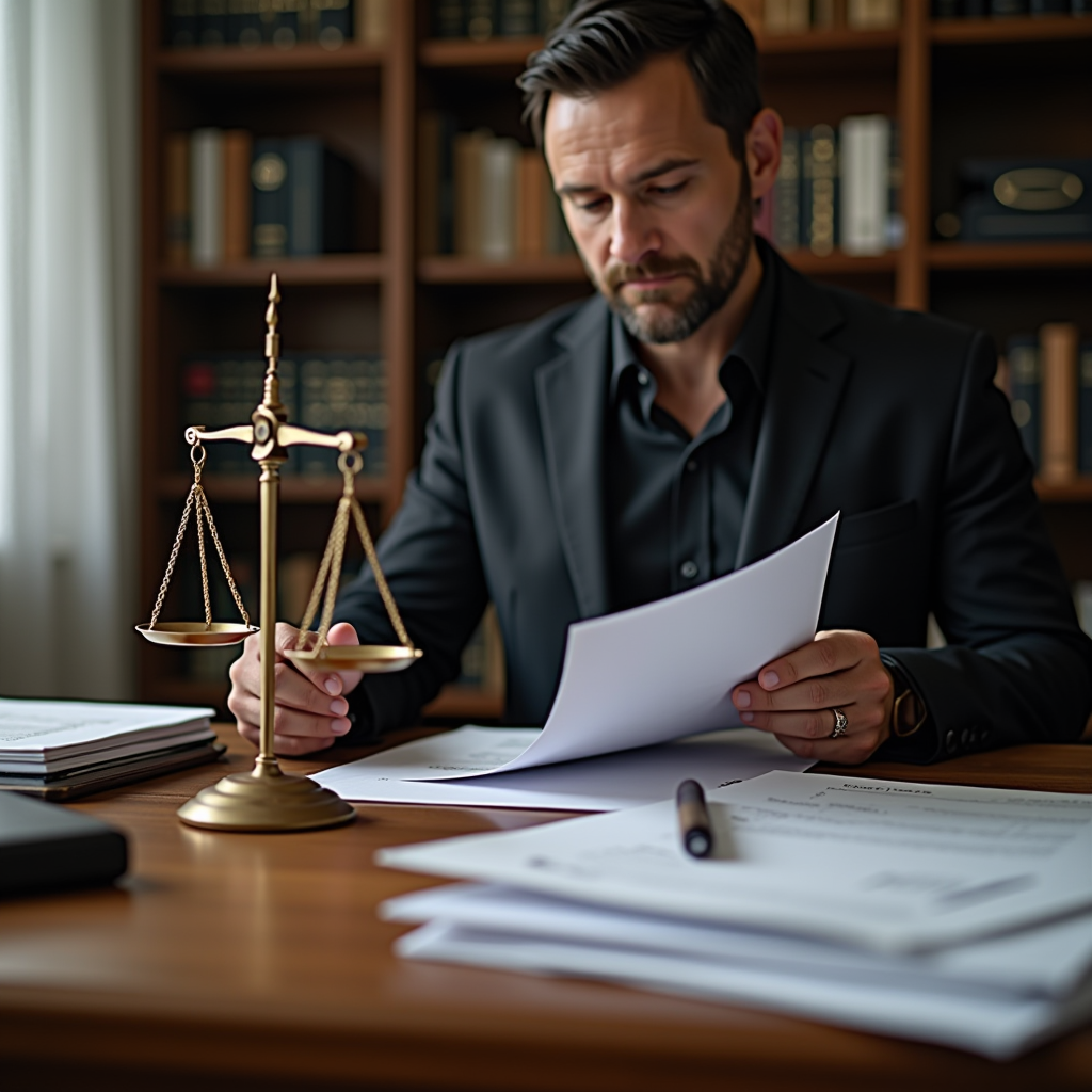 Avocat consultant un dossier juridique avec des documents officiels sur un bureau en bois, balance de justice en arrière-plan, ambiance professionnelle de cabinet d'avocats