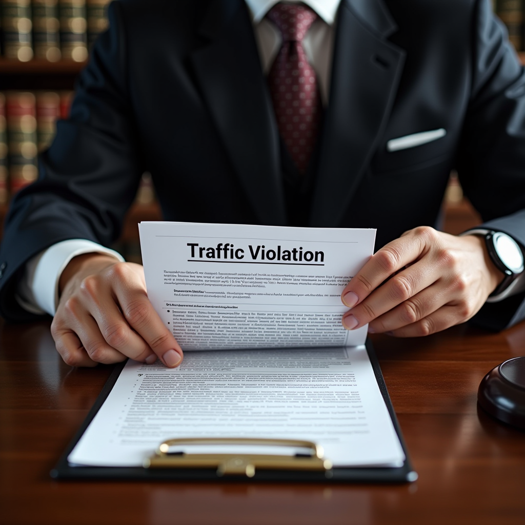 Consultation juridique professionnelle avec avocat examinant des documents de contravention routière sur un bureau en bois élégant avec des livres de droit en arrière-plan