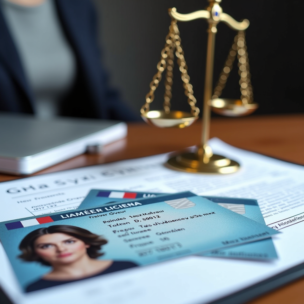 Gros plan sur un permis de conduire français posé sur un bureau avec des documents juridiques, une balance de justice en arrière-plan symbolisant le système de points et la réglementation routière