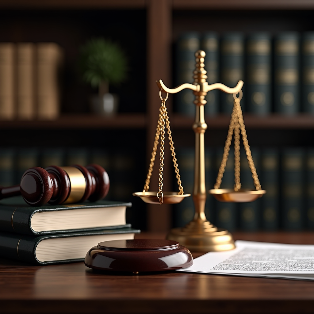 Bureau d'avocat professionnel avec des livres de droit routier, balance de justice dorée, documents juridiques sur un bureau en bois sombre, ambiance professionnelle et rassurante