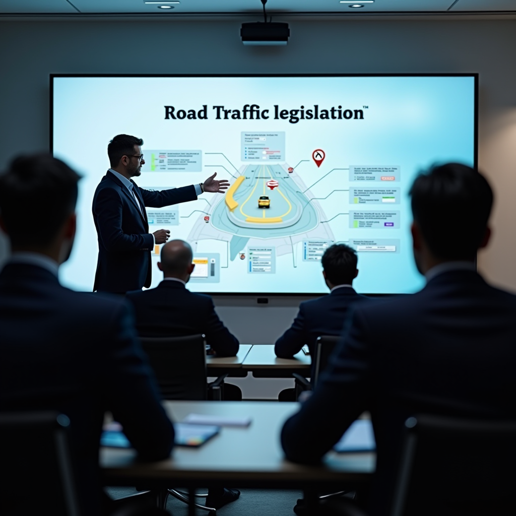 Salle de formation professionnelle avec instructeur présentant la législation routière sur écran interactif, participants attentifs prenant des notes, ambiance éducative moderne et professionnelle